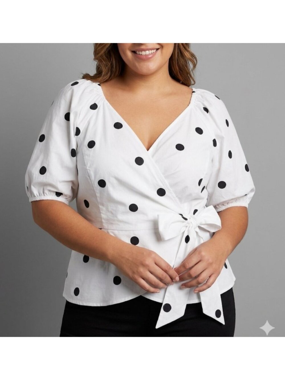 Worthington Womens White & Black Polka Dot Wrap Top XXL Cotton Blend